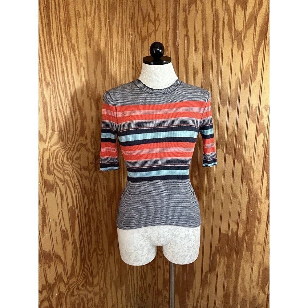Free People Striped Short Sleeve Knit Top in Coral, Light Blue & Gray